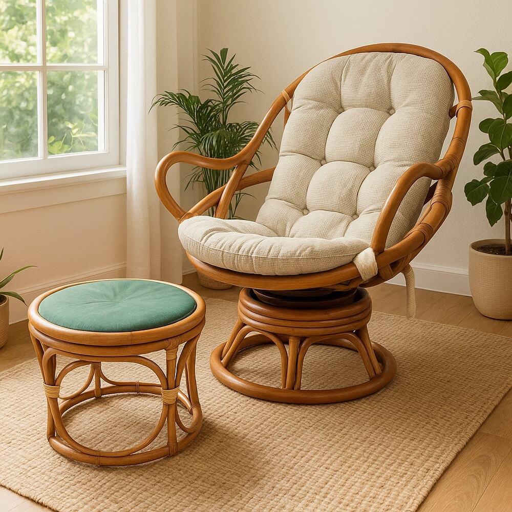 🌿 Vintage Rattan Papasan Swivel Egg Chair Ottoman/Table Set Wicker Bent Wood